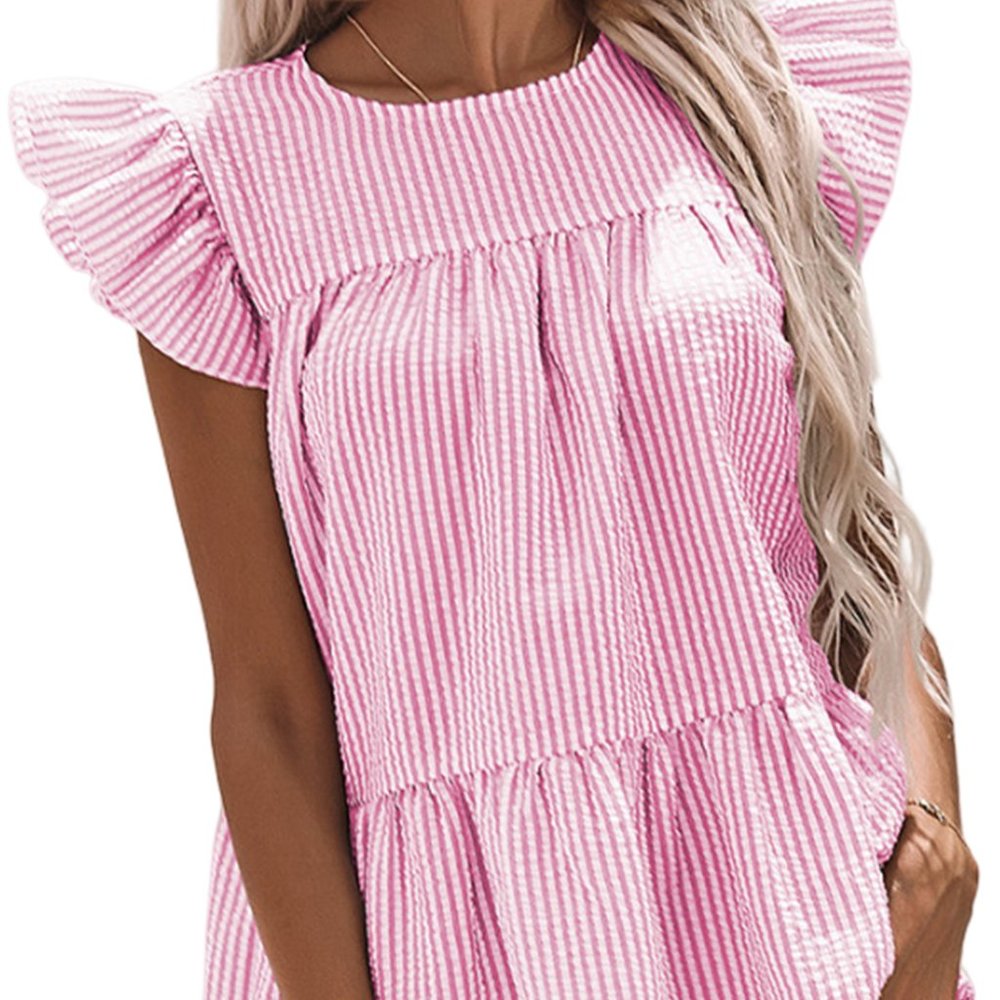 Women Pink Striped Flutter Sleeve Gathered Top